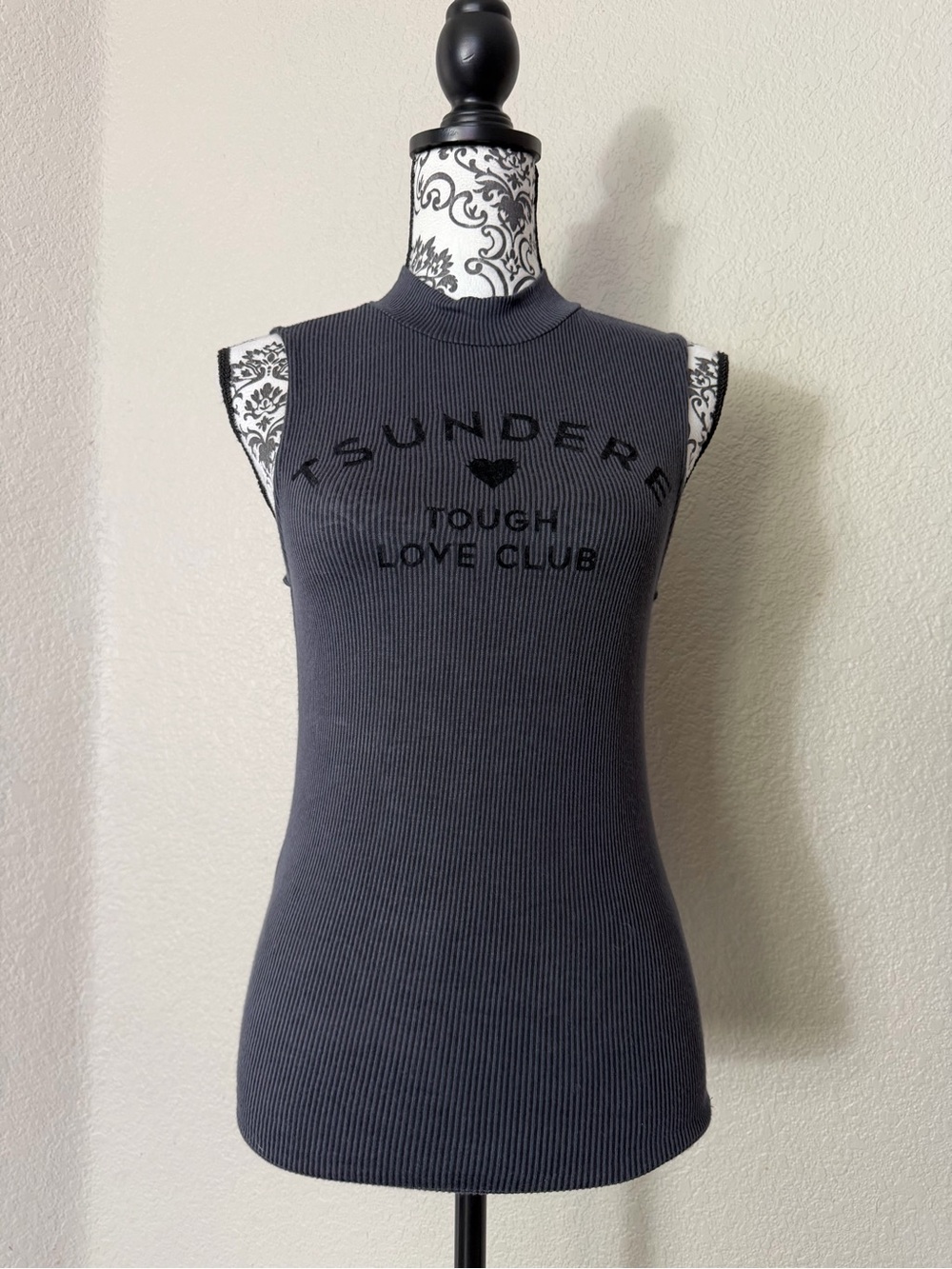 Ribbed Sleeveless Tsundere Tank Top - Charcoal